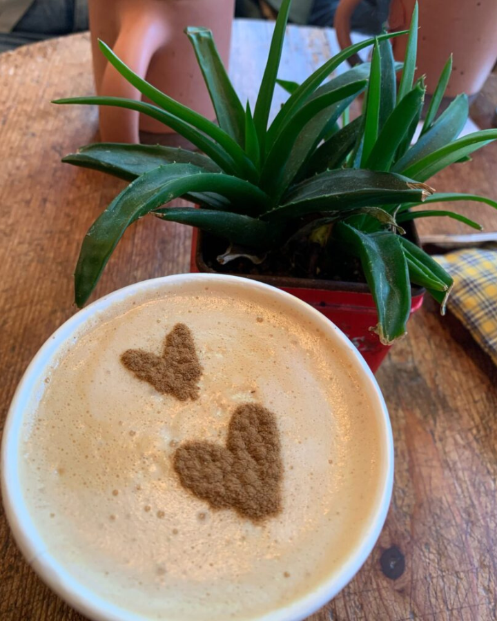 latte with latte art hearts and succulent plant on table