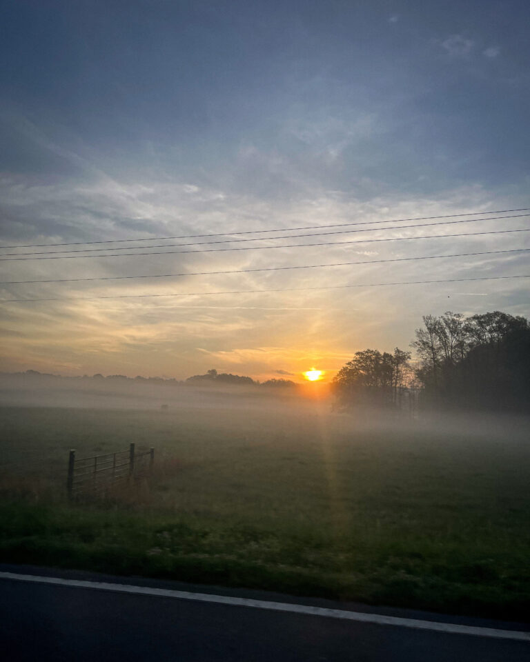sunrise on a slow morning in the countryside covered by fog